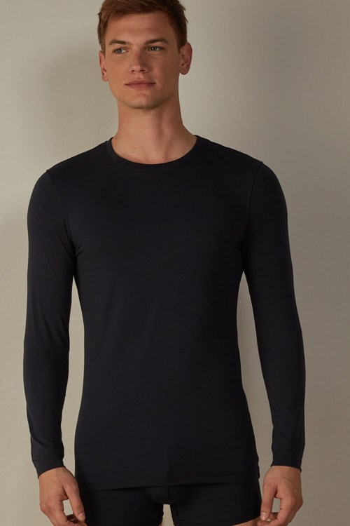 800 - Midnight Blue Intimissimi Long-Sleeve Stretch Supima Cotton Top | WNVY-94235