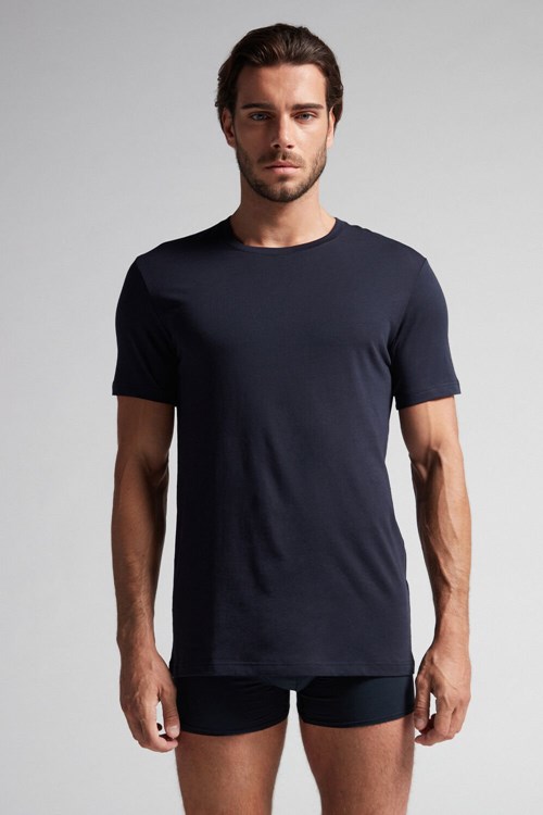 800 - Midnight Blue Intimissimi Short Sleeve Crew Neck T Shirt in Supima® Cotton | QMOX-62854