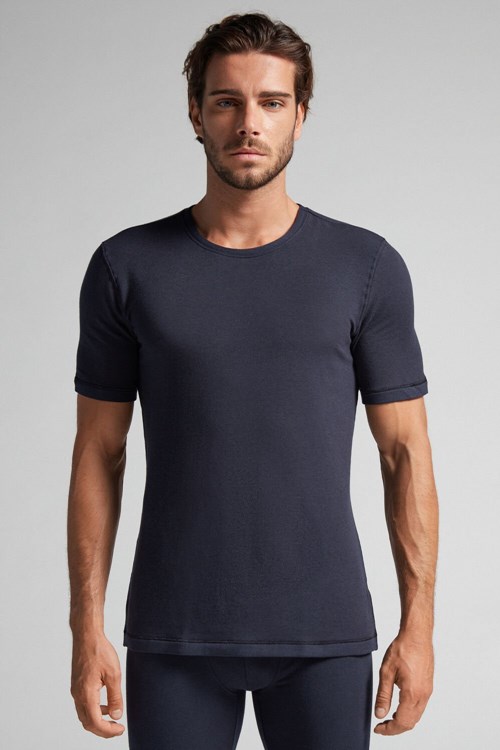 800 - Midnight Blue Intimissimi Short-Sleeve Modal-Cashmere Top | UVON-79165