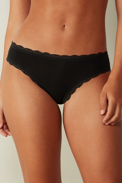 Black - 019 - Black Intimissimi Cotton and Lace Panties | NZHC-35206