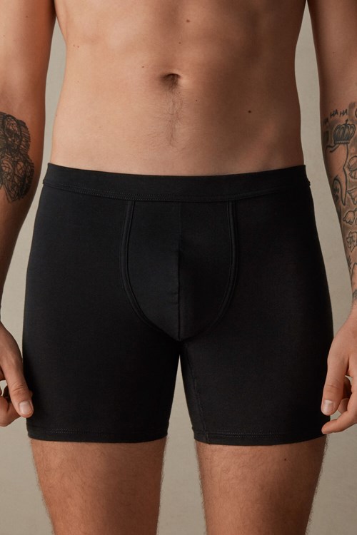 Black - 019 - Black Intimissimi Long Boxers in Stretch Supima® Cotton | FHQG-93426