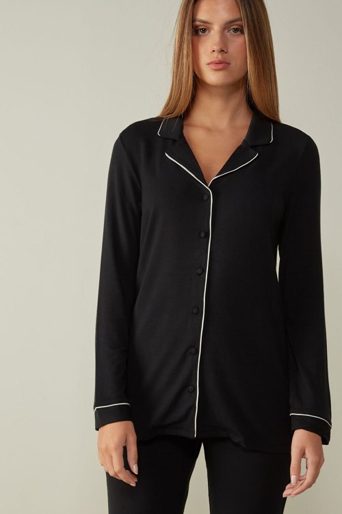 Black - 019 - Black Intimissimi Long-Sleeve Micromodal Pajama Top | BQTX-81729