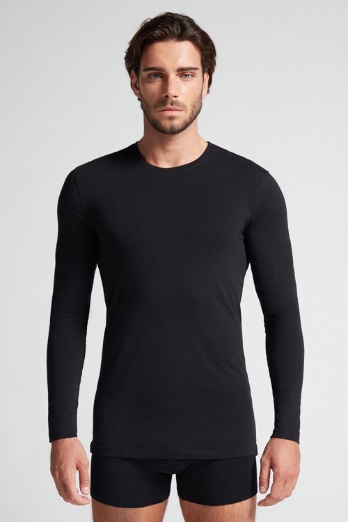 Black - 019 - Black Intimissimi Long-Sleeve Stretch Supima Cotton Top | CBEX-08516