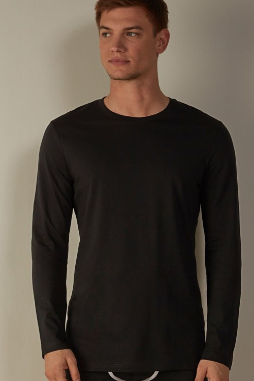 Black - 019 - Black Intimissimi Long-Sleeve Supima® Cotton Top | GCHX-87592