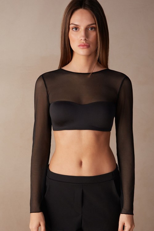 Black - 019 - Black Intimissimi Long Sleeve Bra Top in Ultralight Microfiber and Tulle | PBJH-14562