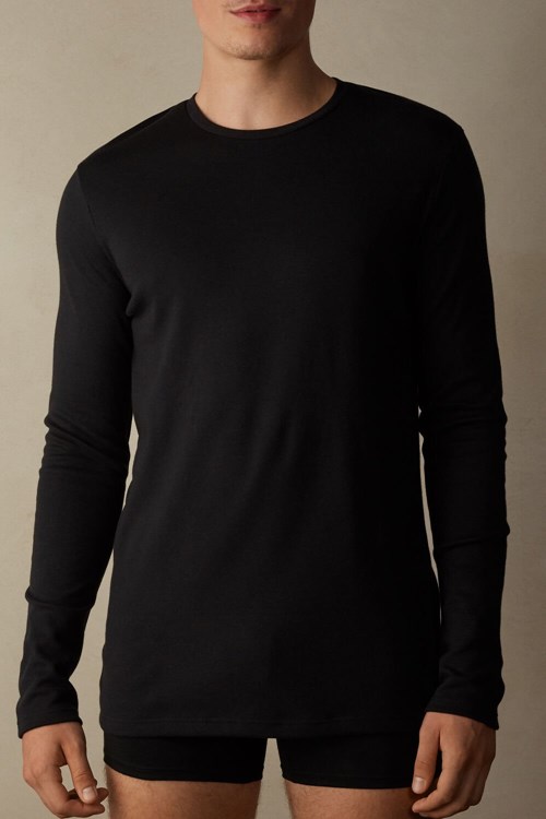 Black - 019 - Black Intimissimi Long Sleeve Top in Warm Cotton | SWXH-90572