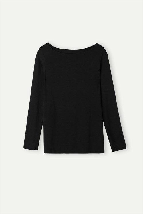 Black - 019 - Black Intimissimi Long Sleeve Bateau Neck Top in Micromodal | WRPB-97408