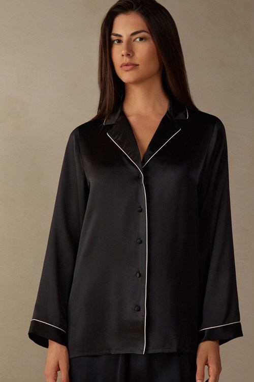 Black - 019 - Black Intimissimi Mannish-Cut Jacket in Silk Satin | AWES-69315