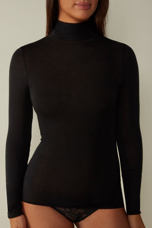 Black - 019 - Black Intimissimi Modal Cashmere Ultralight High-Neck Top | LWMJ-89724