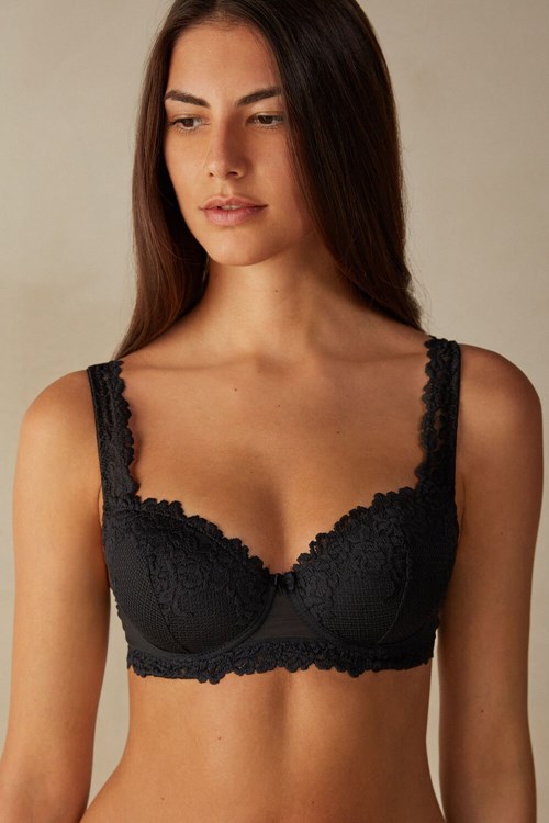 Black - 019 - Black Intimissimi Pretty Flowers Sofia Balconette Bra | THAJ-48035