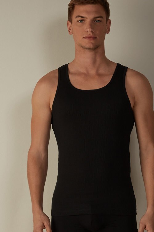 Black - 019 - Black Intimissimi Ribbed Supima Cotton Tank Top | XPEB-30627