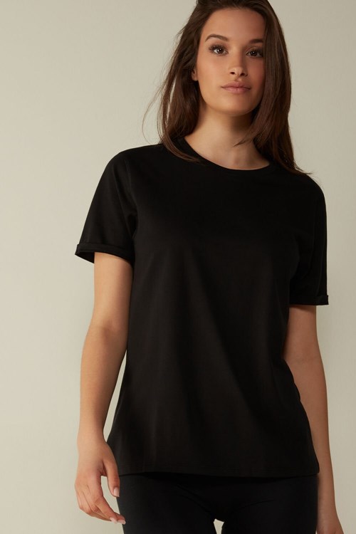 Black - 019 - Black Intimissimi Short-Sleeved Supima® Cotton Top | BFYD-42315