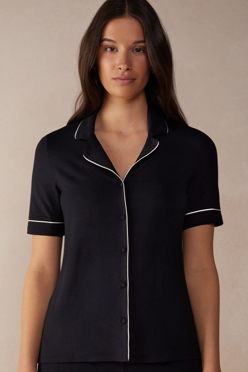 Black - 019 - Black Intimissimi Short Sleeve Button Up Shirt in Modal | TMRG-94063