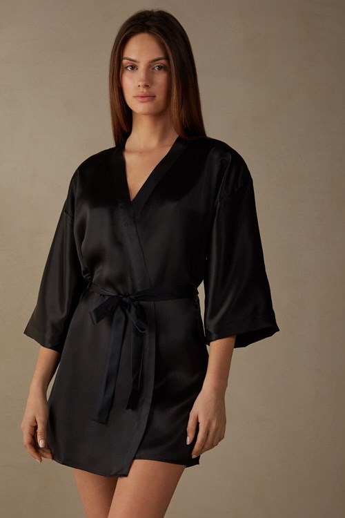 Black - 019 - Black Intimissimi Silk Kimono | ZJAG-53984