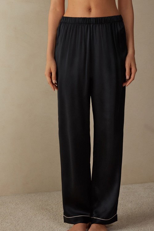 Black - 019 - Black Intimissimi Silk Satin Pajama Pants | SQBN-63809