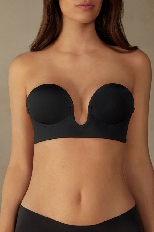 Black - 019 - Black Intimissimi Stick-On Bandeau Plunge Bra with Graduated Cups | VGZS-31504