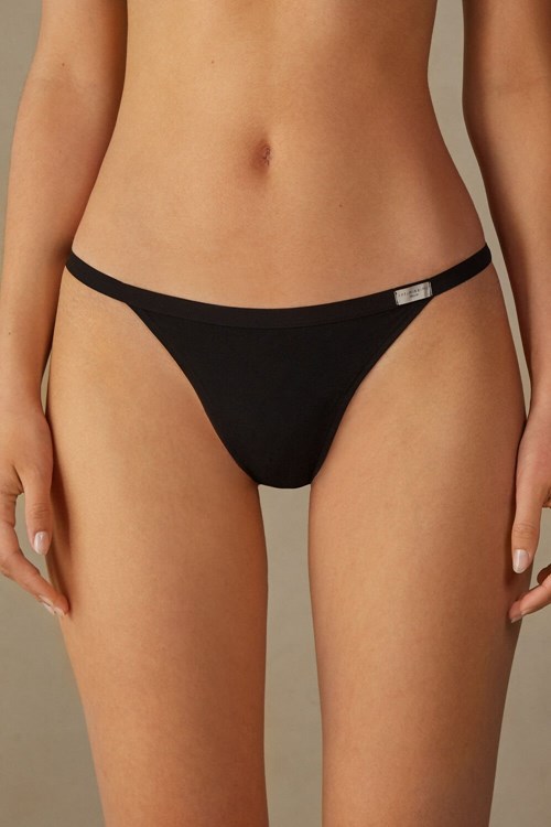 Black - 019 - Black Intimissimi String Thong in Cotton | LCZP-93742