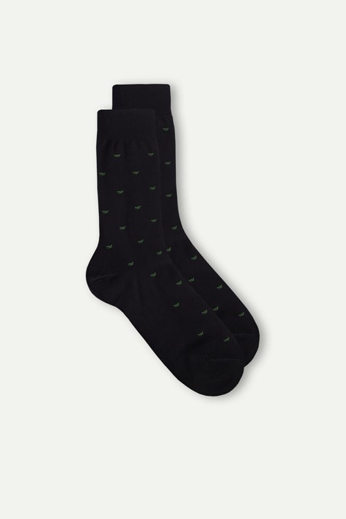 Black - 195j - Black Paper Boats Print Intimissimi Men’s Short Socks in Patterned Lisle Cotton | GKZY-42371