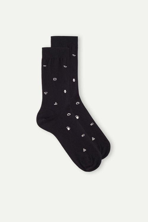 Black - 200j - Black Indicator Light Print Intimissimi Short Socks in Patterned Cotton | IAGQ-18627