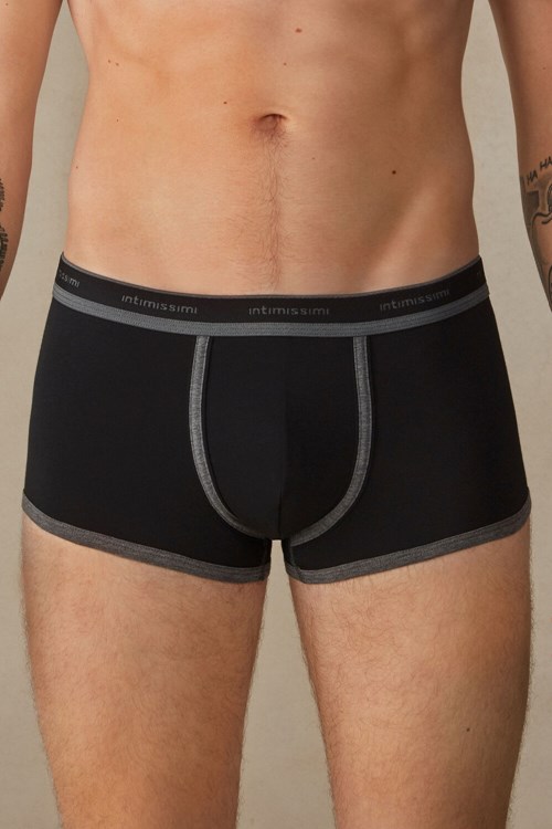 Black - 385i - Black / Graphite Blend Intimissimi Stretch Supima® Cotton Boxer Shorts with Logo Detail | NZMR-85217