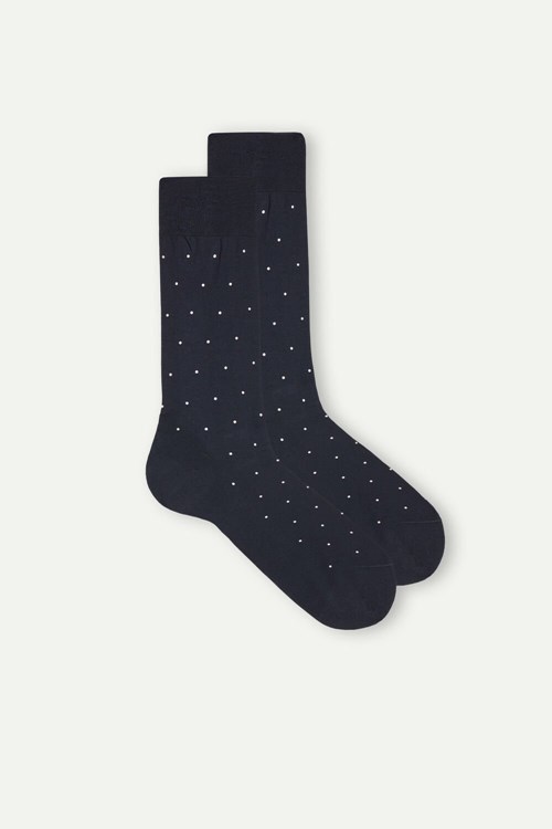 Blue - 049j - Midnight Blue Dot Print Intimissimi Men’s Short Socks in Patterned Lisle Cotton | DCRI-86745