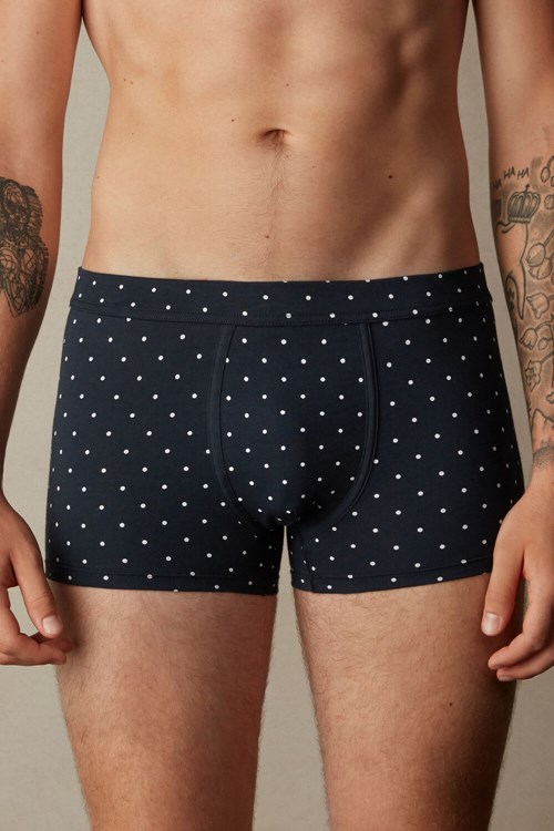 Blue - 049j - Midnight Blue Dot Print Intimissimi Dotted Boxers in Stretch Supima® Cotton | DKFI-42579