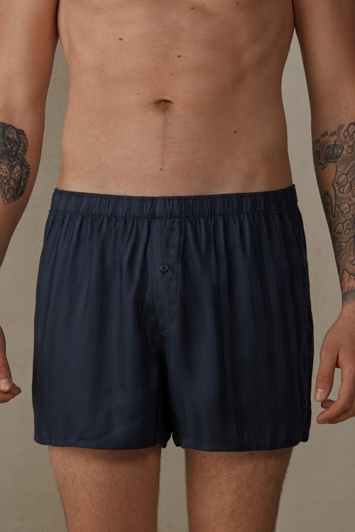 Blue - 095i - Dark Blue Intimissimi Woven Modal Boxers | CNGR-98203