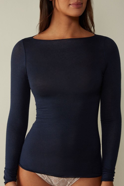 Blue - 1467 - Intense Blue Intimissimi Boat Neck Modal Cashmere Ultralight Top | IOWY-82714