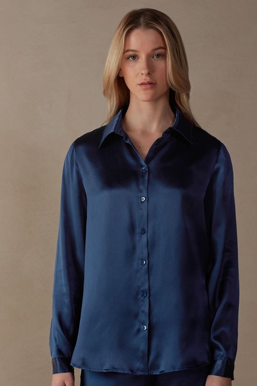 Blue - 1467 - Intense Blue Intimissimi Long Sleeve Silk Shirt | ASPM-10846