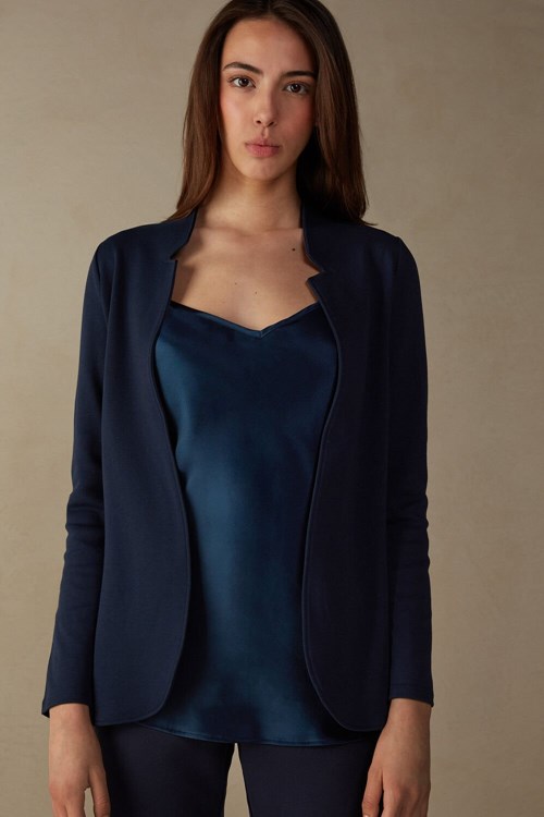 Blue - 1467 - Intense Blue Intimissimi Long-Sleeved Cotton Interlock Cardigan | KHPC-32759