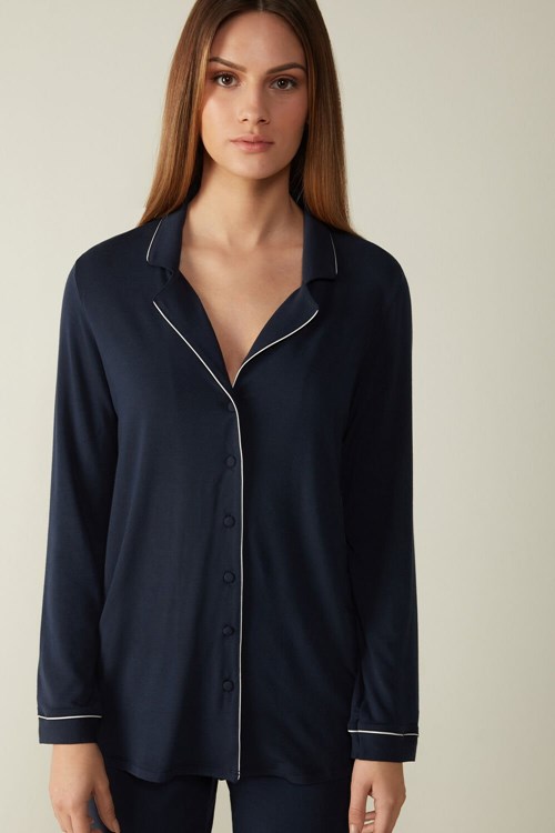 Blue - 1467 - Intense Blue Intimissimi Long-Sleeve Micromodal Pajama Top | OURN-42570