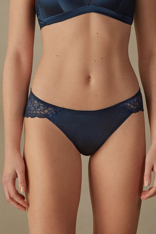 Blue - 1467 - Intense Blue Intimissimi Silk and Lace Briefs | NZAK-61427