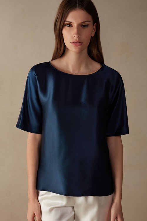 Blue - 1467 - Intense Blue Intimissimi Short Sleeve Silk and Modal Top | ZCKL-35970