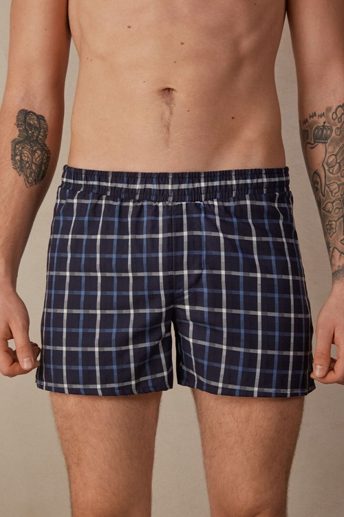 Blue - 169j - Blue Squares Intimissimi Print Detailed Boxers | QGPX-54278