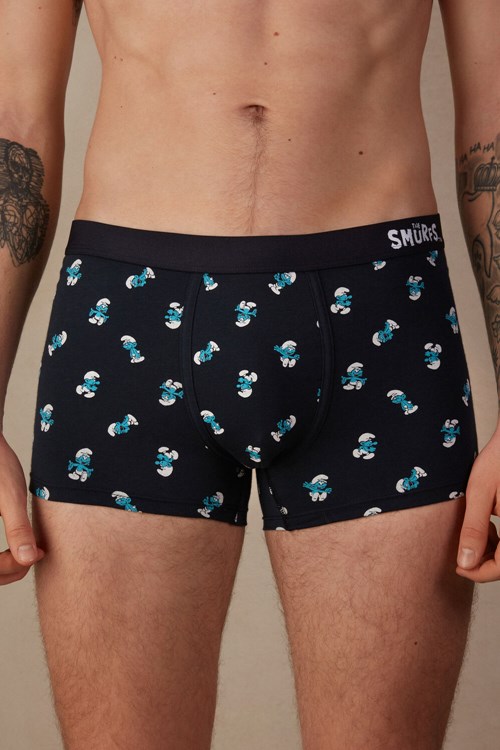 Blue - 174j - Midnight Blue Smurfs Print Intimissimi Smurf Boxers in Stretch Supima® Cotton | IBRY-52690