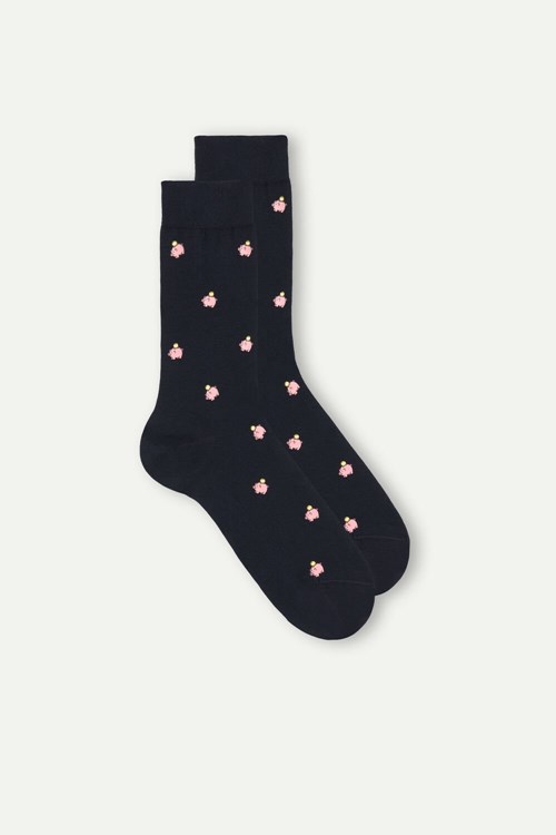 Blue - 190j - Dark Blue Piggy Bank Print Intimissimi Short Socks in Patterned Cotton | AGLH-89463