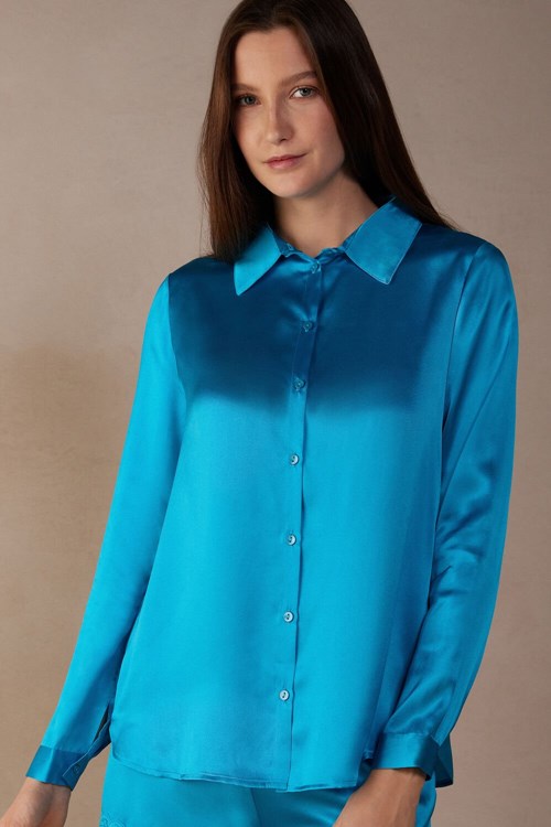 Blue - 210j - Digital Turquoise Intimissimi Long Sleeve Silk Shirt | FVNH-36157