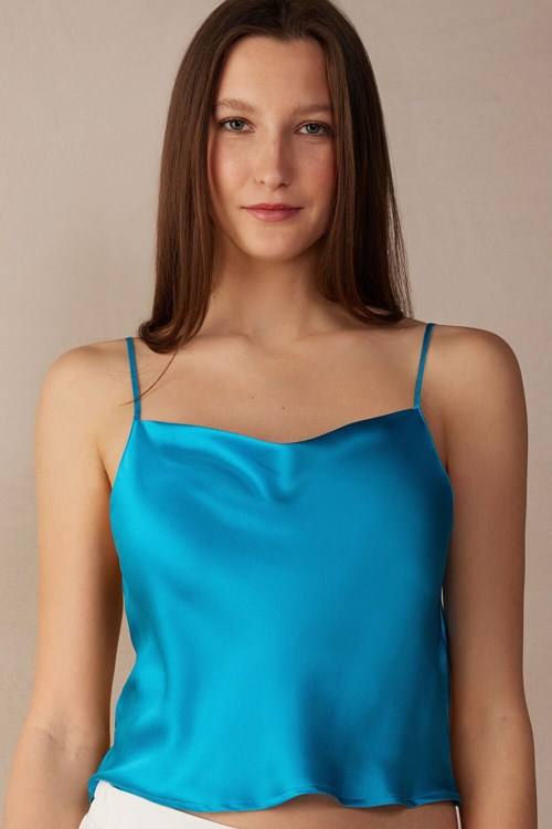 Blue - 210j - Digital Turquoise Intimissimi Silk Crop Camisole | LRFS-04315