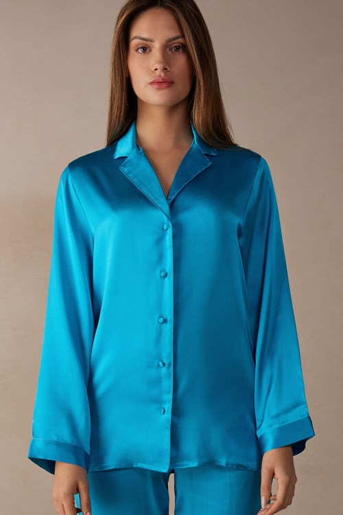 Blue - 210j - Digital Turquoise Intimissimi Mannish-Cut Jacket in Silk Satin | TBVR-81709