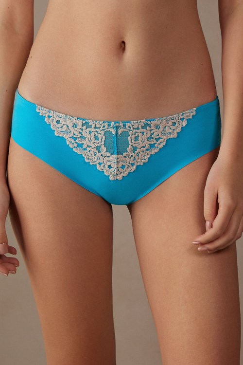 Blue - 233j - Digital Turquoise / Ivory Intimissimi Pretty Flowers Seamless Cotton Panties | FWZL-30174