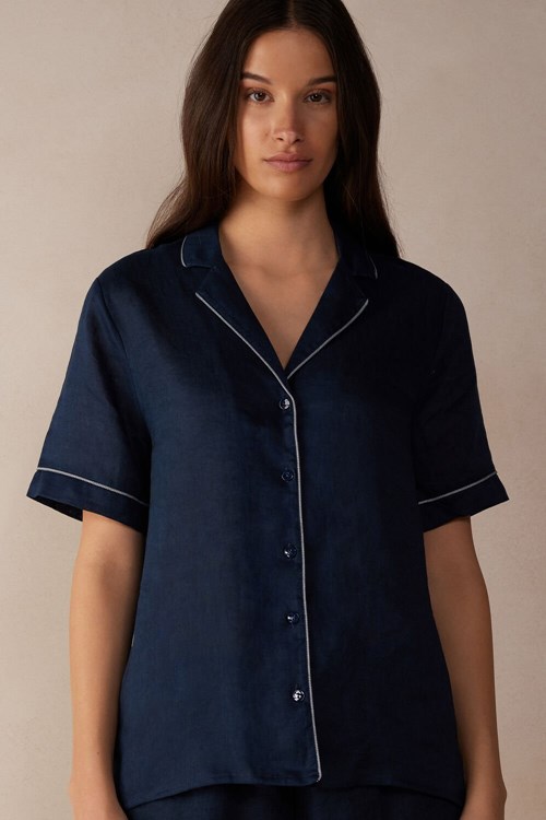 Blue - 243j - Sailor Blue Intimissimi Yacht Night Linen Short Sleeve Shirt | YRQB-92051