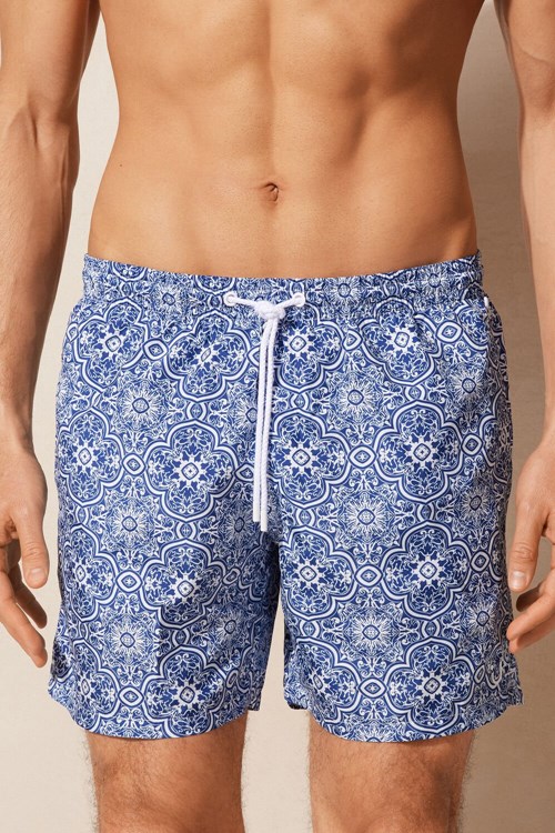 Blue - 263j - White Blue Majolica Print Intimissimi Blue Majolica Print Swim Trunks | LGPD-92851