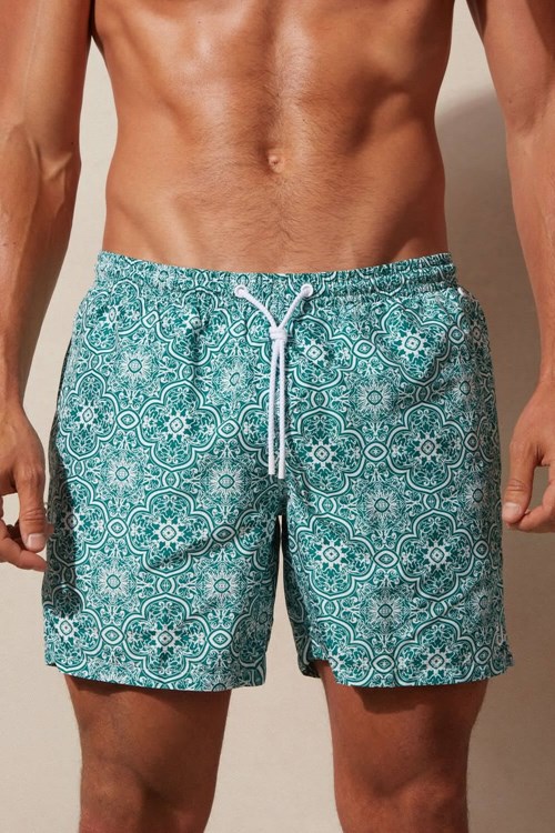 Blue - 264j - White Green Majolica Print Intimissimi Green Majolica Print Swim Trunks | UDZM-19340