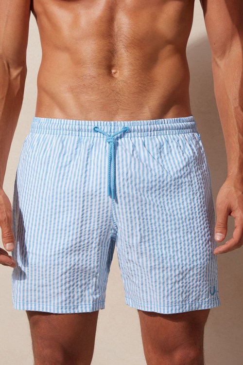 Blue - 279j - White / Light Blue Intimissimi Stripe Print Seersucker Swim Trunks | ATNC-09438