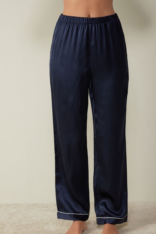 Blue - 3094 - Ink Blue Intimissimi Silk Satin Pajama Pants | MHYS-14589