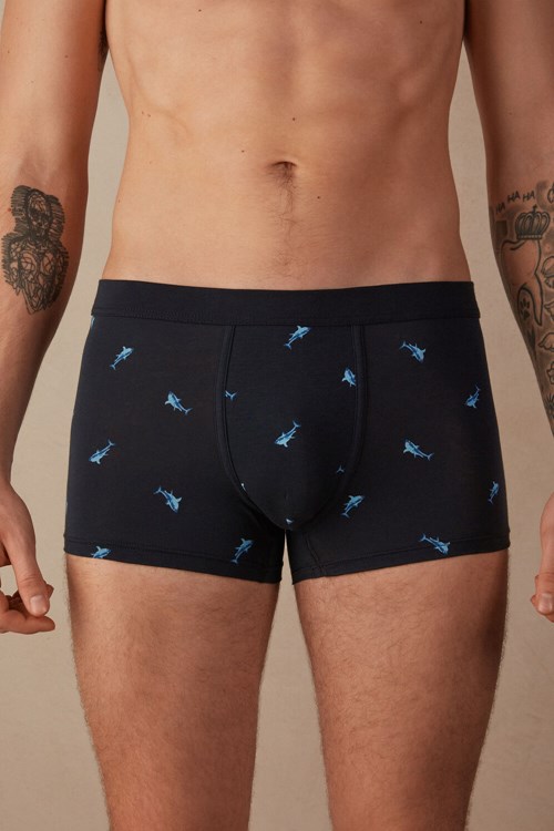 Blue - 315j - Midnight Blue Shark Print Intimissimi Shark Boxers in Natural Fresh Supima® Cotton | AJYD-01943