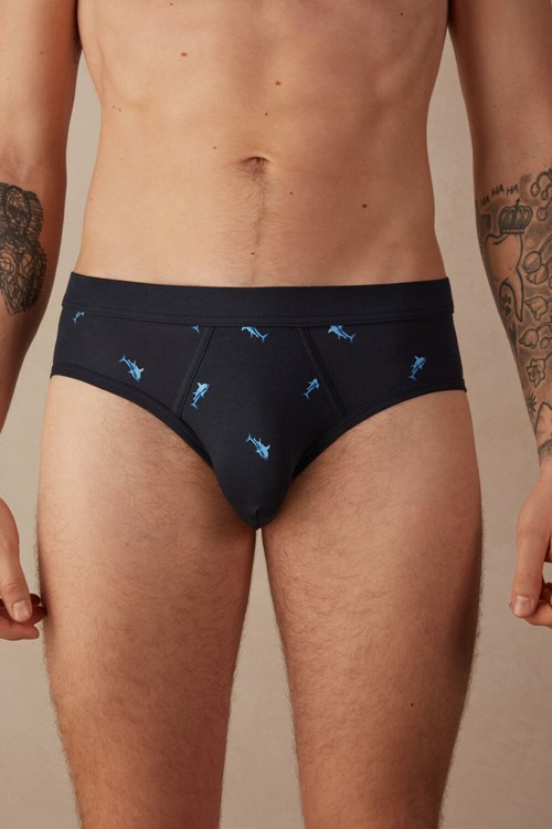 Blue - 315j - Midnight Blue Shark Print Intimissimi Shark Briefs in Natural Fresh Supima® Cotton | GUTO-89675