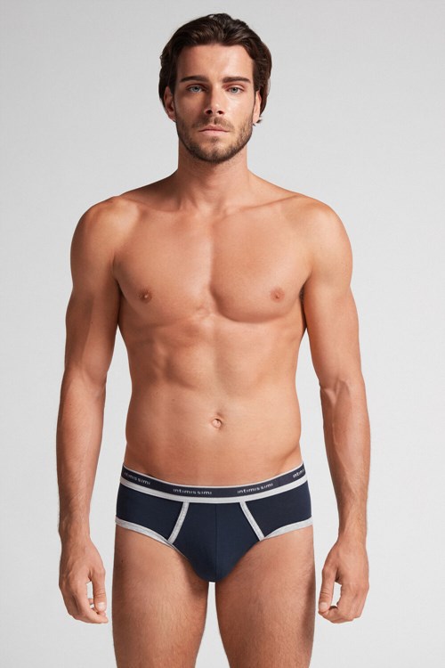 Blue - 320j - Midnight Blue / Light Heather Grey Intimissimi Natural Fresh Supima® Cotton Briefs with Logo | DZHG-13078