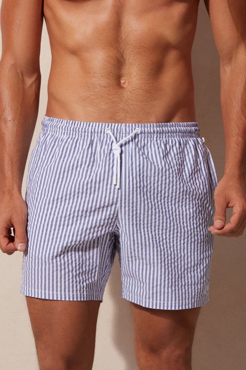 Blue - 327j - White / Navy Blue Intimissimi Stripe Print Seersucker Swim Trunks | IECR-42716