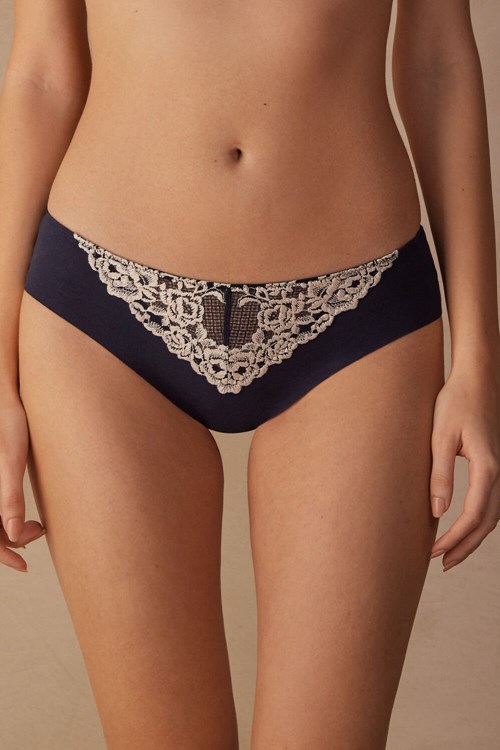 Blue - 347i - Deep Blue / Vanilla Intimissimi Pretty Flowers Seamless Cotton Panties | FAIP-32674